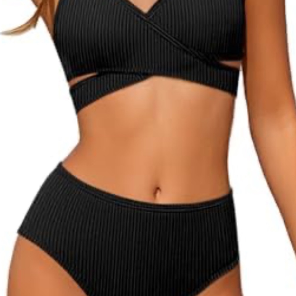 Aulyffo 3pc Girls Criss Cross 2 pc Black bikini set. Includes wrap around New